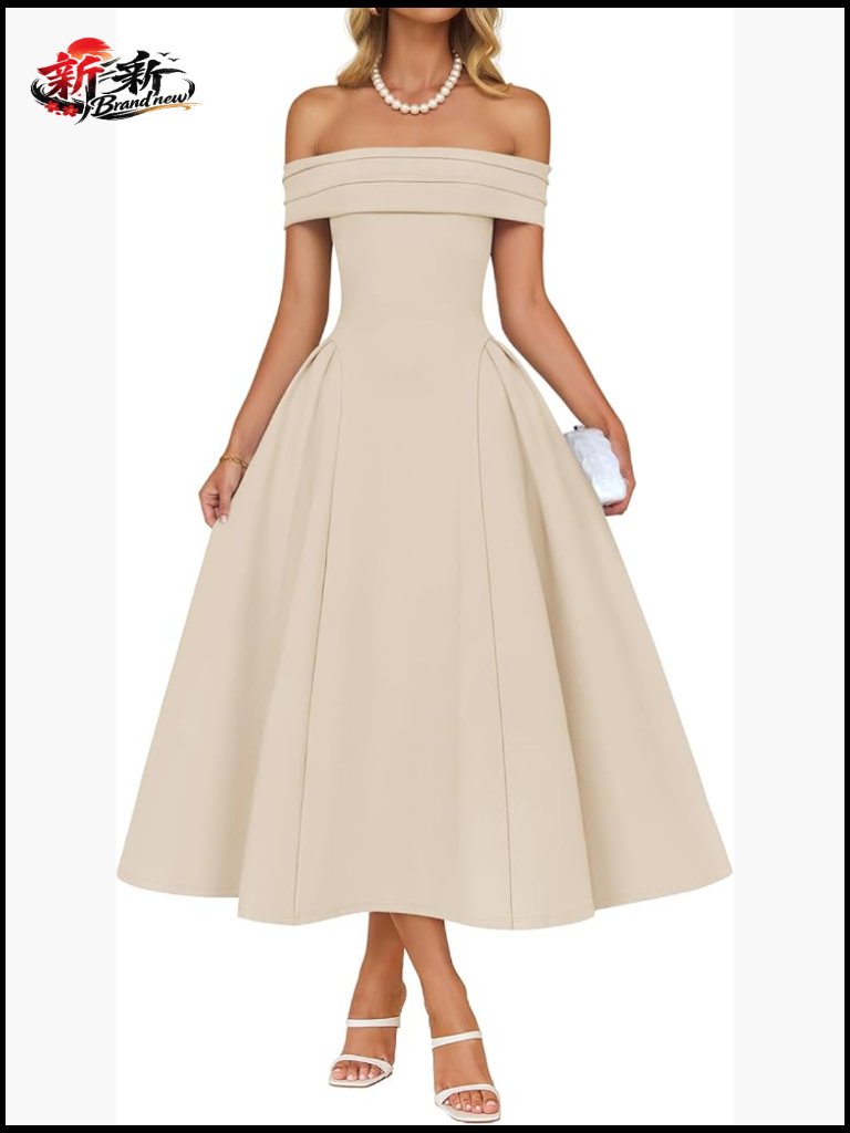 Off Shoulder Short Sleeve Swing Midi Party Dress With Back Zip
